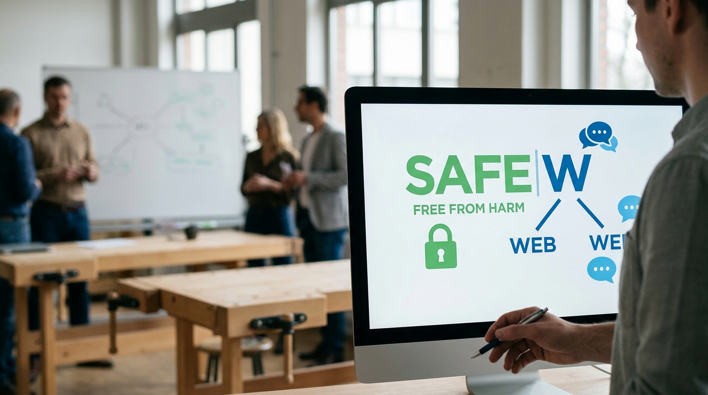 safew 品牌命名解析图:展示 safe 结合字母 W 所蕴含的双重象征意义。